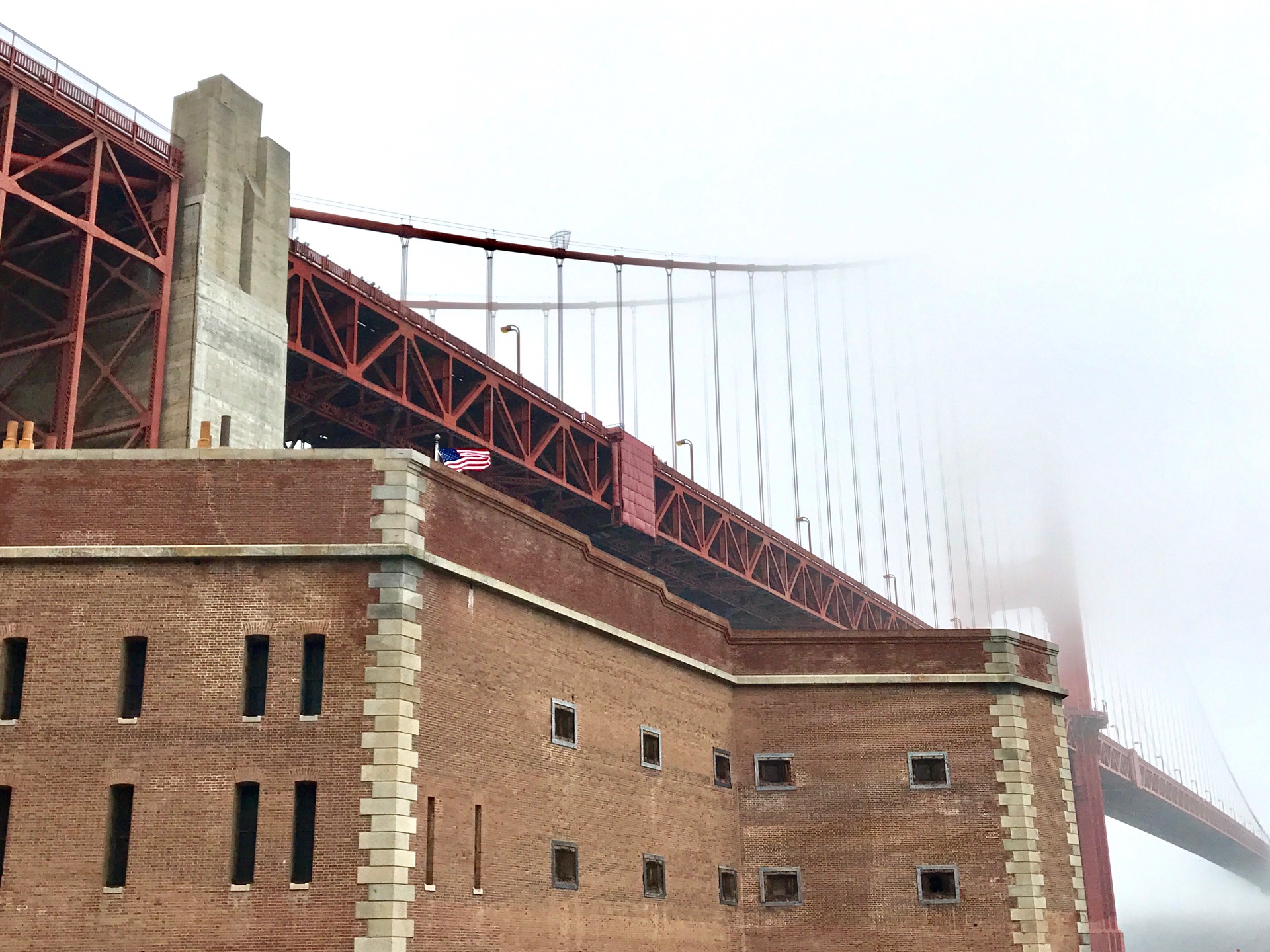 Looking up at the Golden Gate Bridge near Fort Point