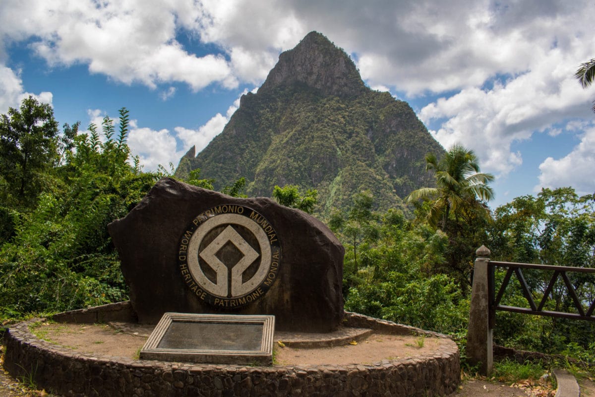 UNESCO World Heritage sign with Petit Piton in the background