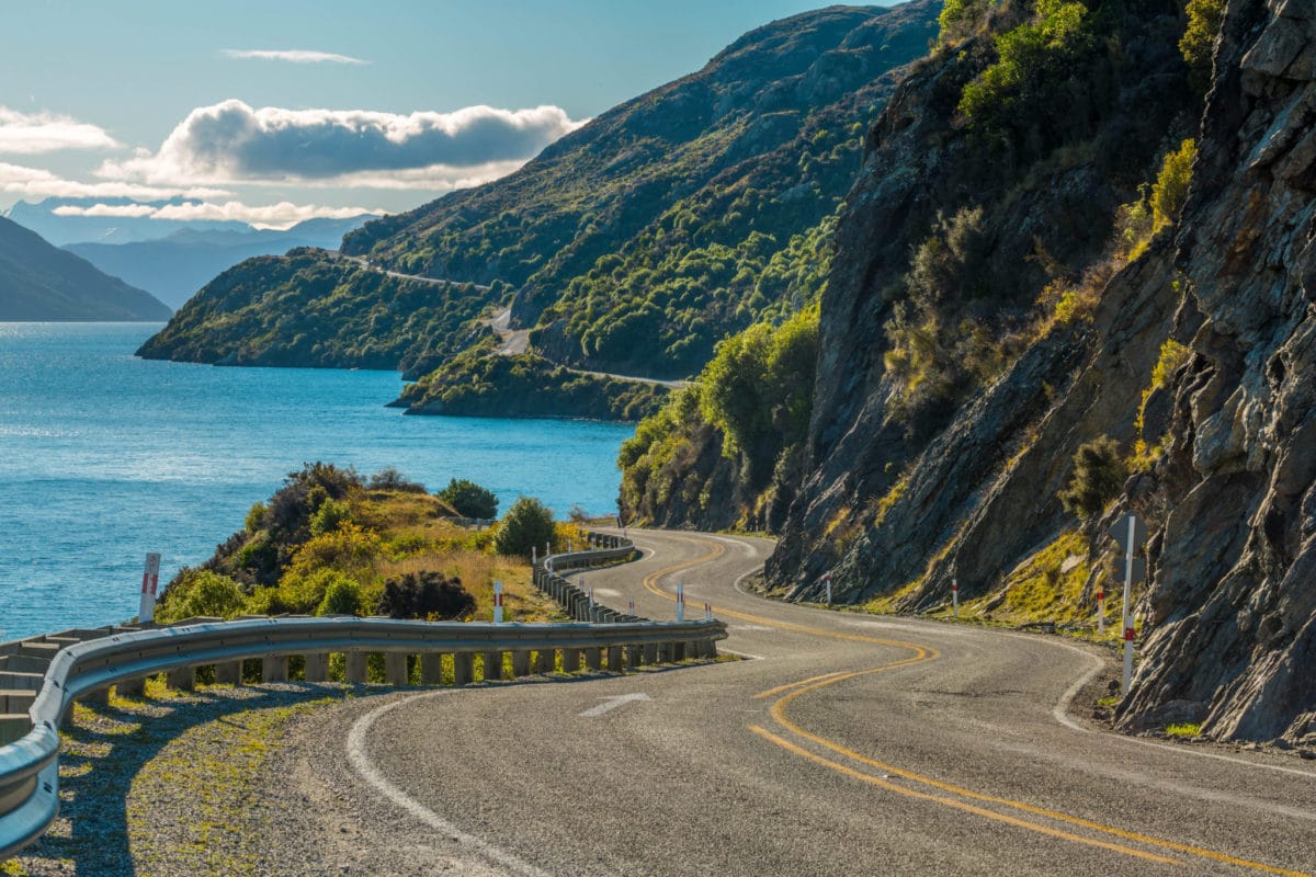 Driving near Lake Wakatipu in Queenstown, New Zealand