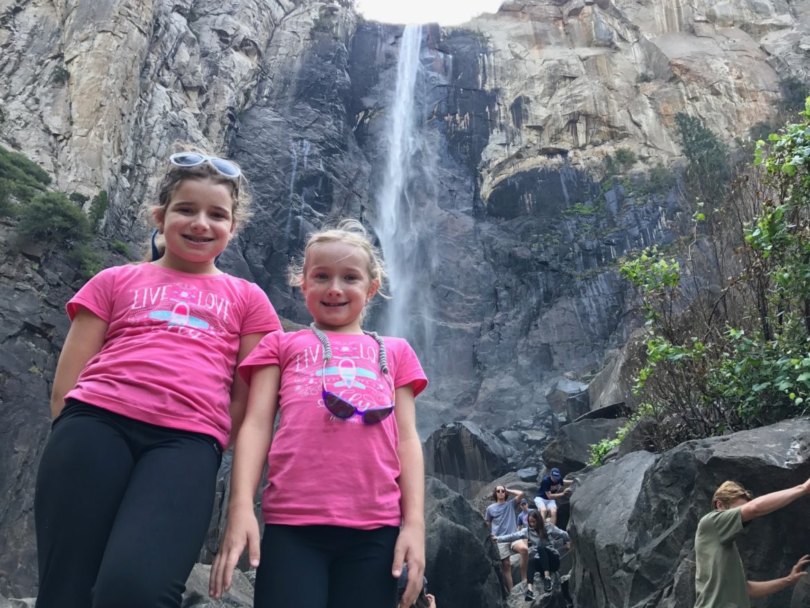 Photo of the kids with Bridalveil Fall