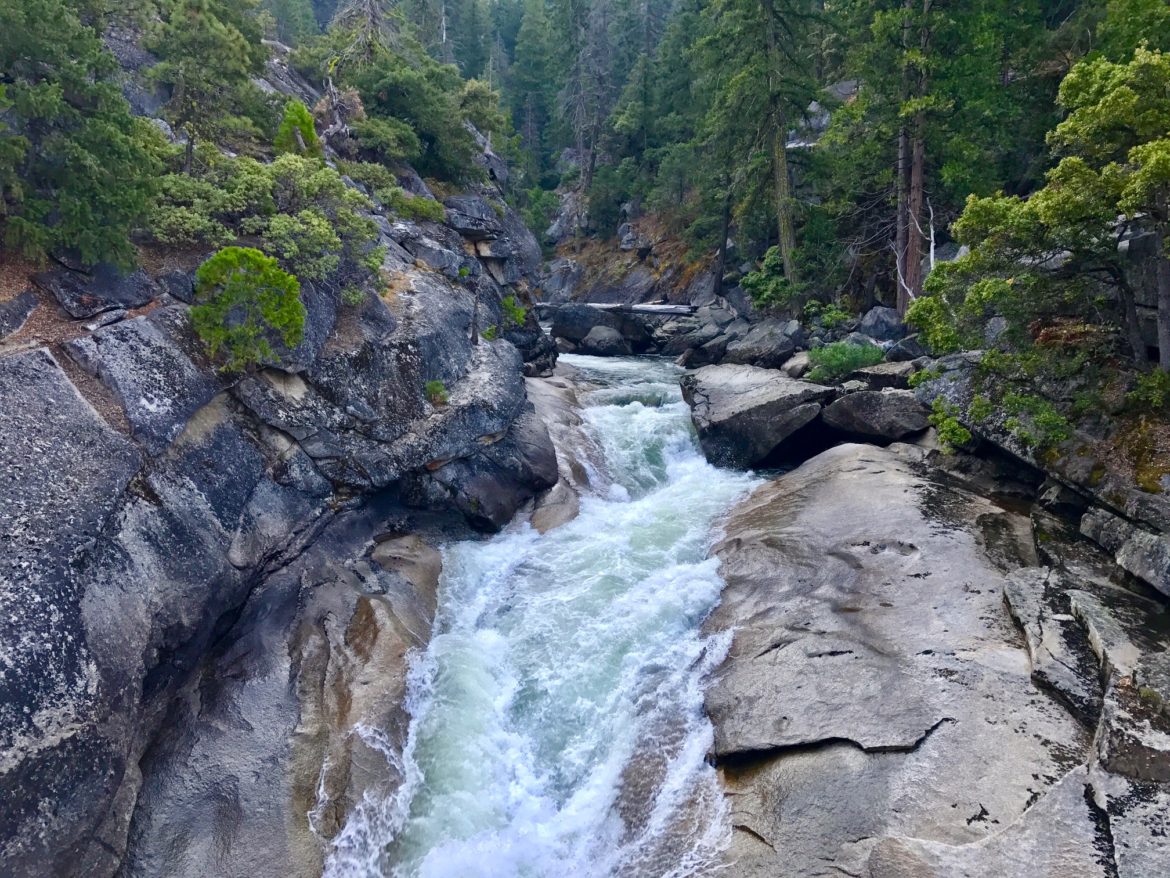 View of rushing water on the way to Nevada Fall in Yosemite