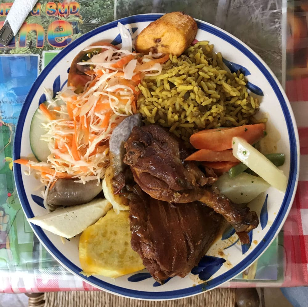 Creole chicken with Caribbean vegetables at Fedo's Restaurant in Soufriere, St. Lucia
