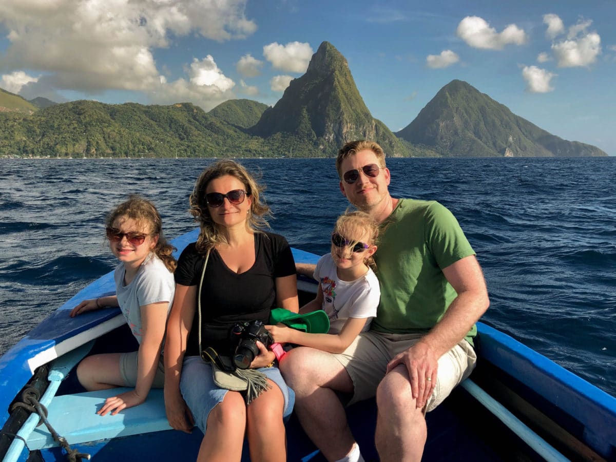Posing with the Piton Mountains in St. Lucia