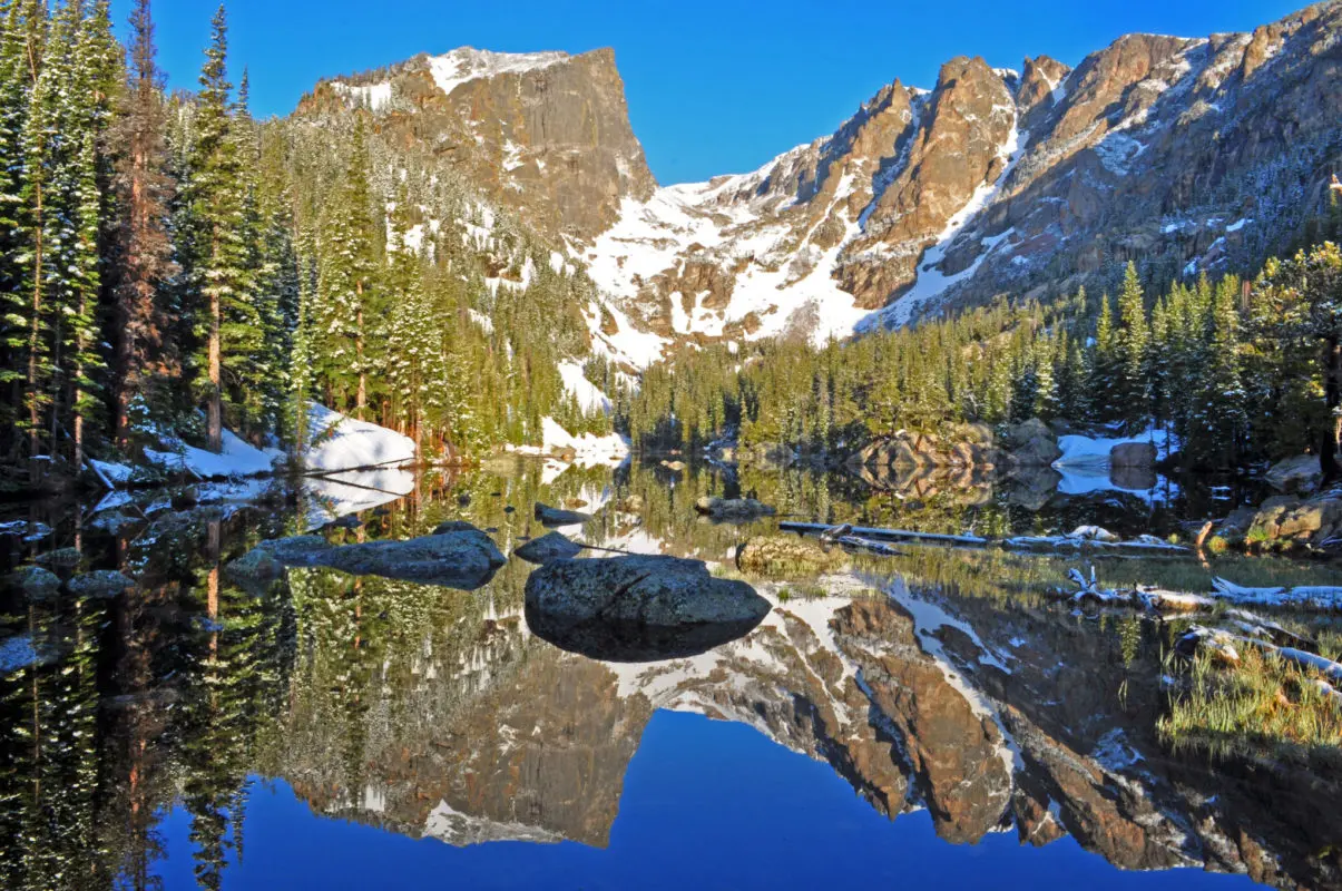 Hallett Peak reflecting in Dream Lake, Rocky Mountain National Park