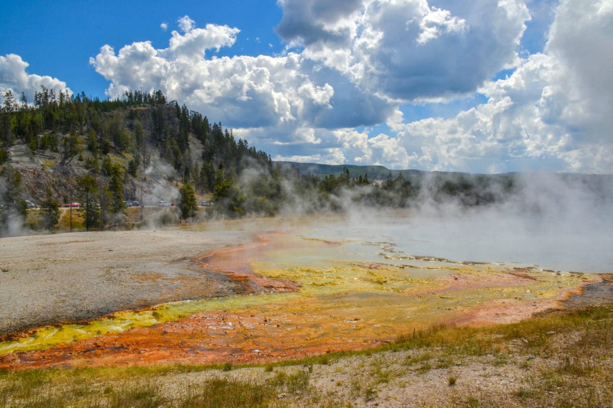 Bacterial growth near Excelsior Geyser across from Grand Prismatic Spring