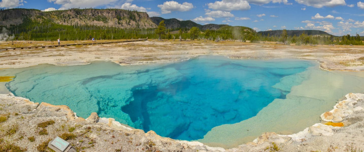 Sapphire Pool in Biscuit Basin, located in the Upper Geyser Basin area of Yellowstone