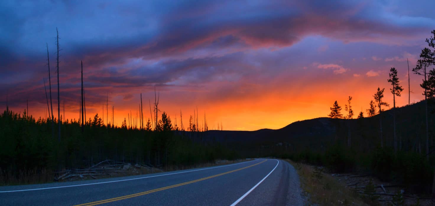 Sunset over the road in Yellowstone