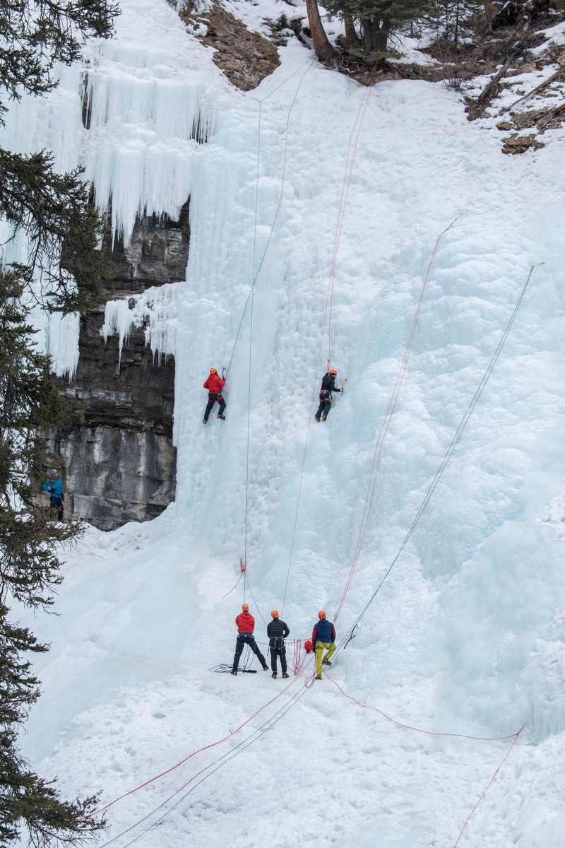 Ice climbers on Upper Falls in Johnston Canyon in Alberta Canada