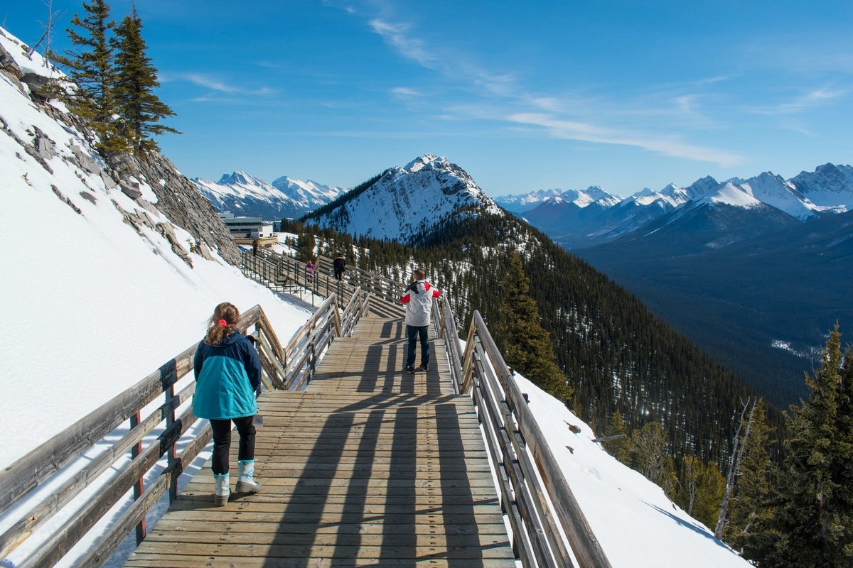 Strolling on Sulphur Mountain Boardwalk, one of the greatest things to do in Banff in winter