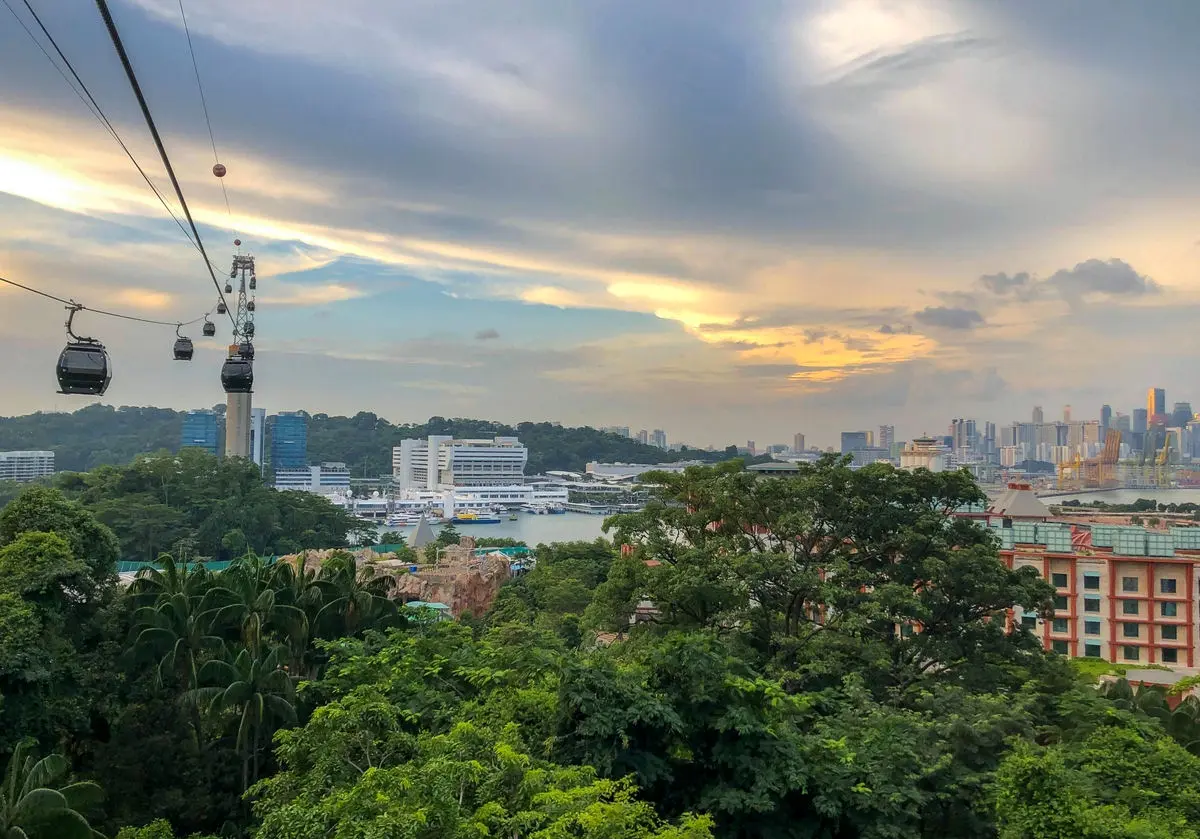 Near sunset on the cable car over Sentosa Island in Singapore