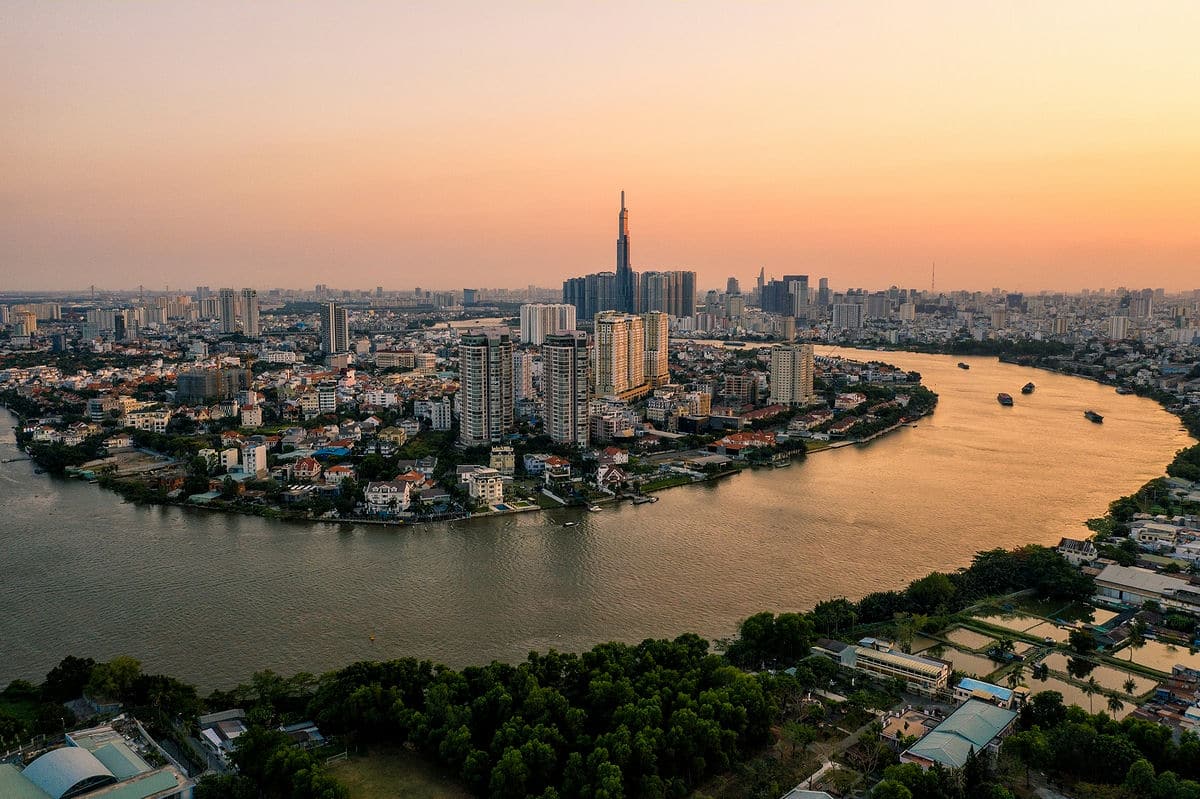 Aerial view of Ho Chi Minh City and the Saigon River at sunset