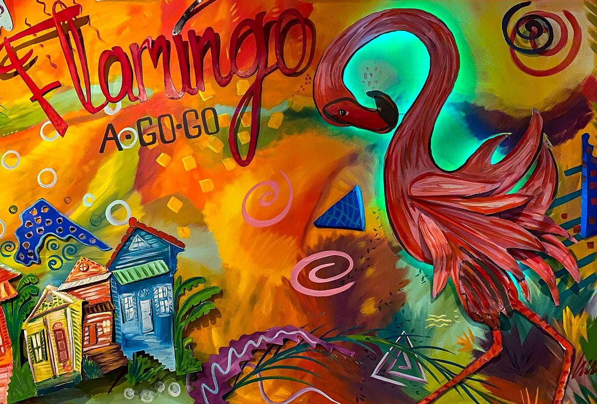 Colorful wall at Flamingo A-Go-Go