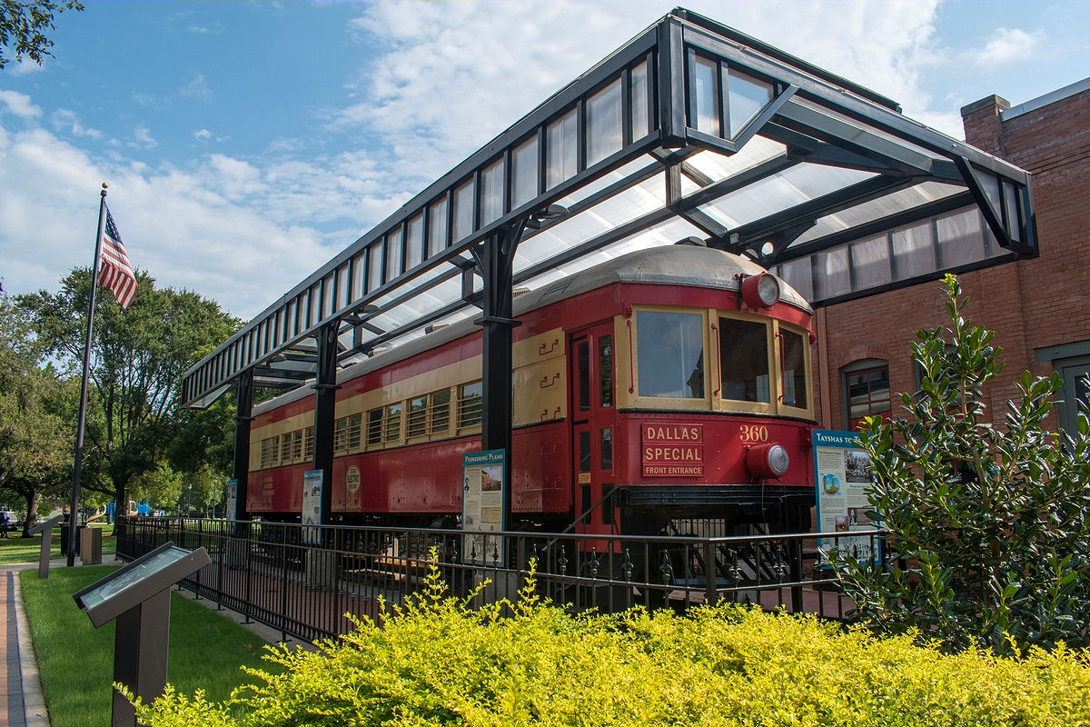 Car 360 at the front of the Interurban Railway Museum in Plano