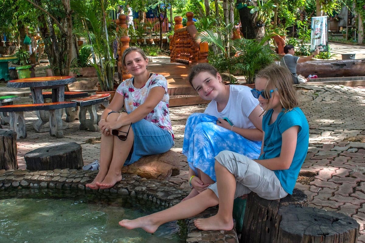 Trying to dip our feet at Mae Kachan Hot Springs