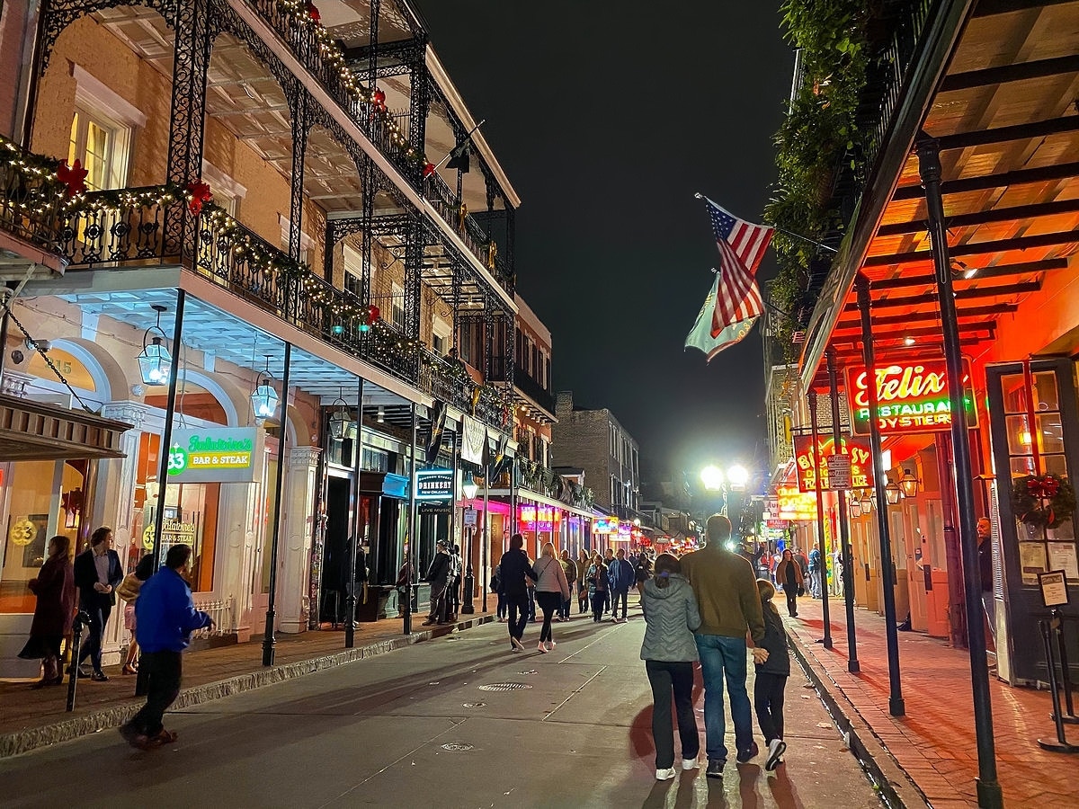 Night stroll on Bourbon Street, one of the fun things to do in New Orleans